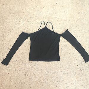 SHEIN Black Cold Shoulder Top Size L Halter Neck Long Sleeve Ribbed Knit Shirt